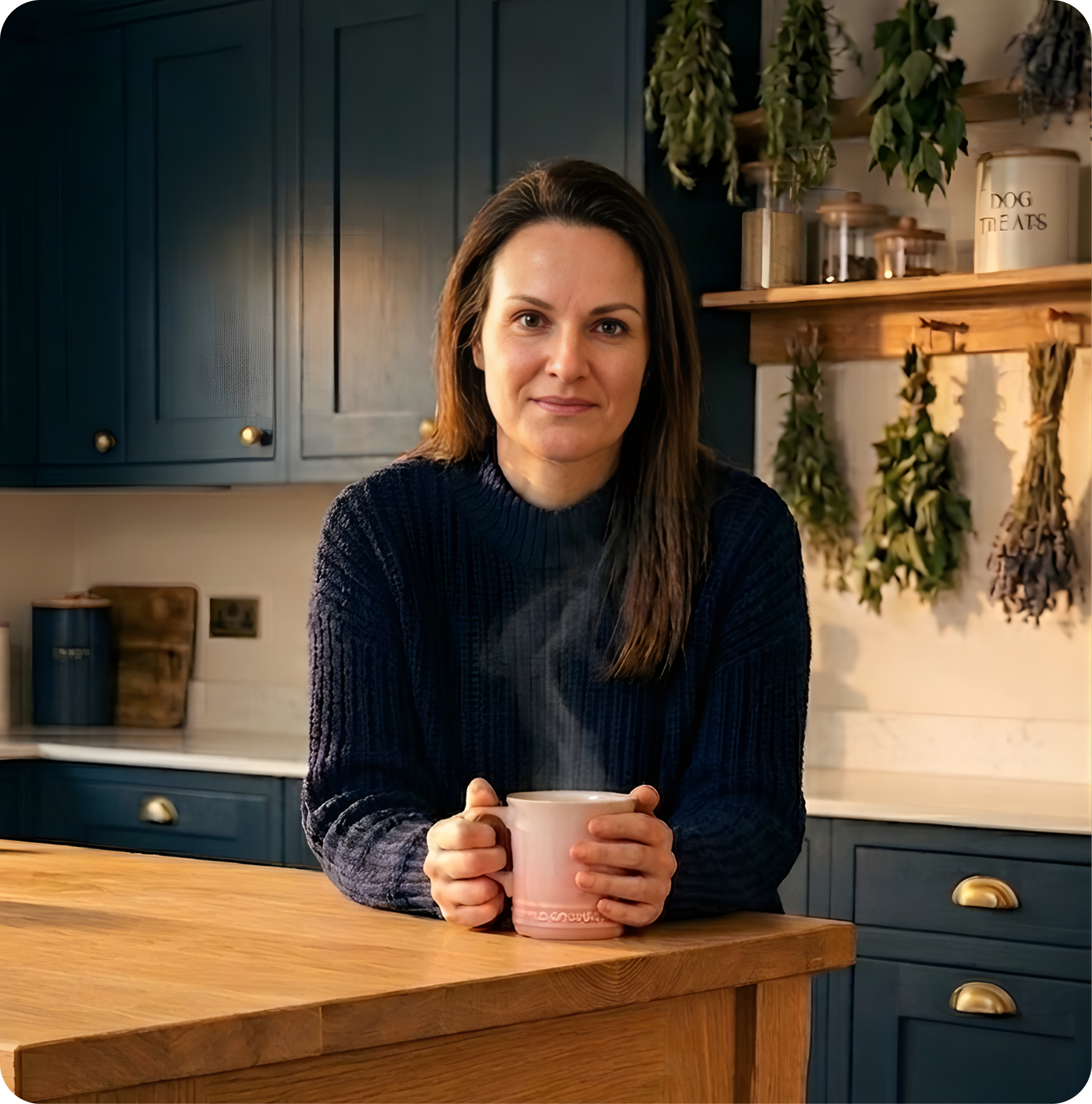 Gemma in the kitchen holding a mug